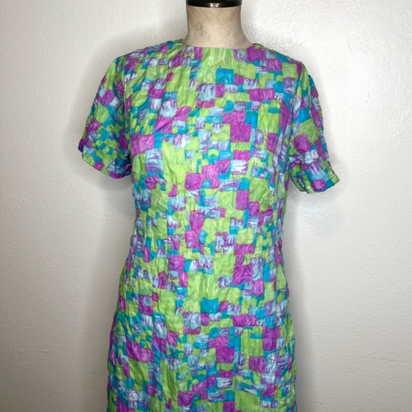 1970s Mod Neon Dress Size Medium quilt print colorful shift - Picture 7 of 14